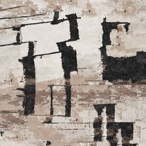 Load image 1 in gallery view. Woven Memoir - Washable Rug - JRN41 features an abstract design with textured, earthy beige, brown, and black tones. Bold black shapes and lines add modern style, evoking movement and depth reminiscent of a flat weave rug.