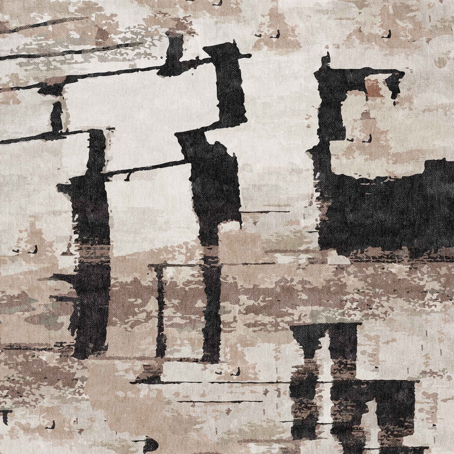 The Woven Memoir - Washable Rug - JRN41 (Custom Size) showcases abstract black, gray, and beige textured brushstrokes in an irregular pattern—perfect for high-traffic modern spaces and easy to clean.