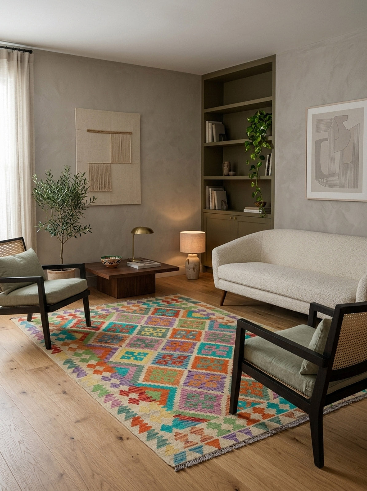 A modern living room features a Woven Nomad - Handwoven Kilim rug, a white sofa, two wooden armchairs, a low coffee table, built-in shelves with books and plants, abstract wall art, and soft natural light from a window.