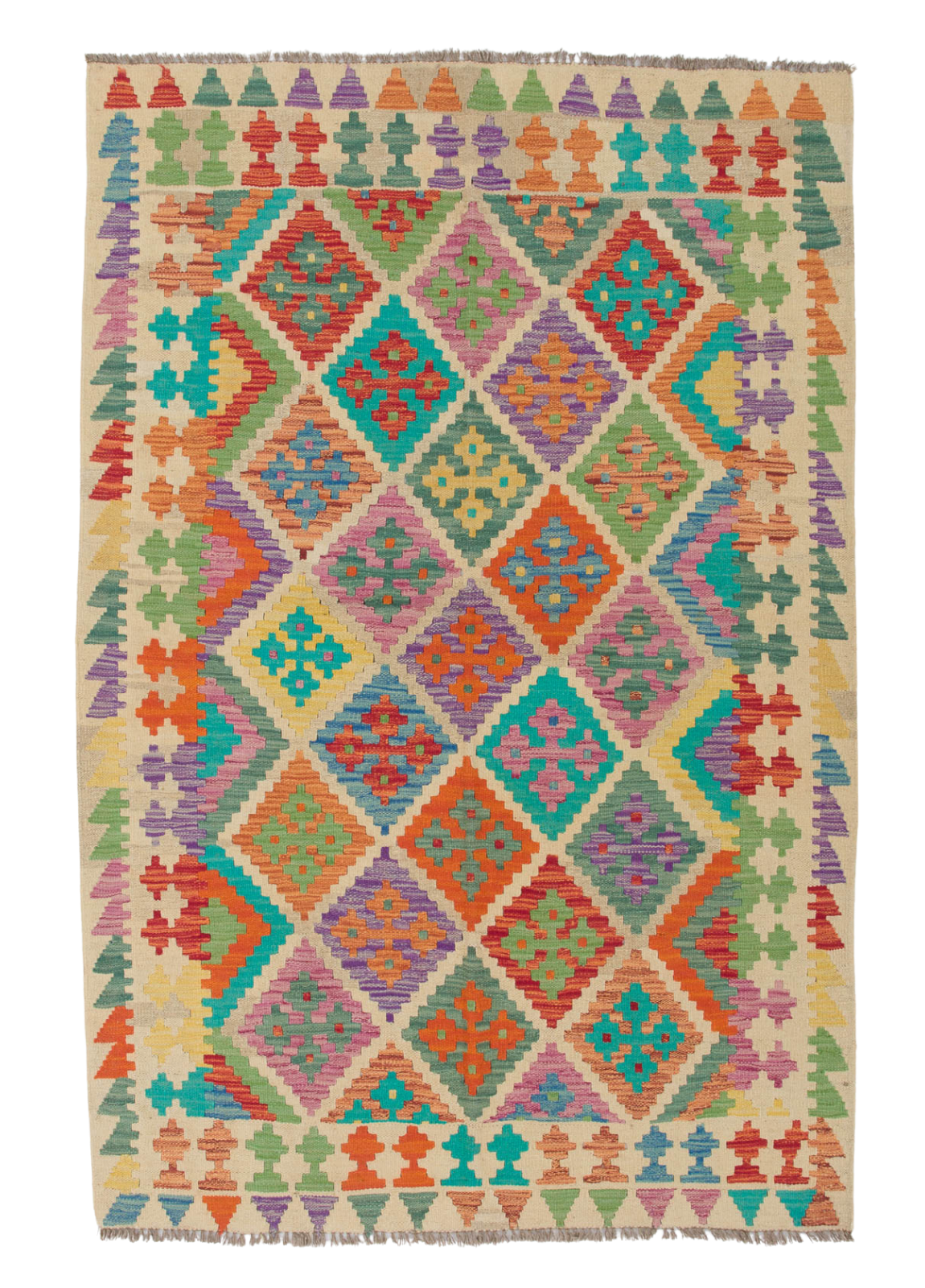 The Woven Nomad - Handwoven Kilim is a colorful flatweave rug with geometric diamond and triangle patterns in vibrant red, green, blue, purple, and orange hues, finished with a striking multicolored border.