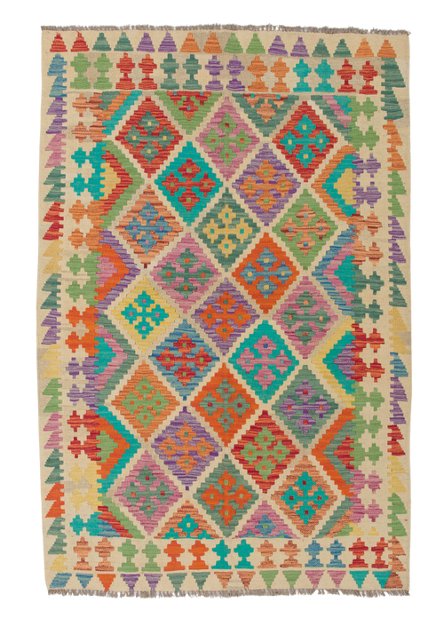 Load image 1 in gallery view. The Woven Nomad - Handwoven Kilim is a colorful flatweave rug with geometric diamond and triangle patterns in vibrant red, green, blue, purple, and orange hues, finished with a striking multicolored border.