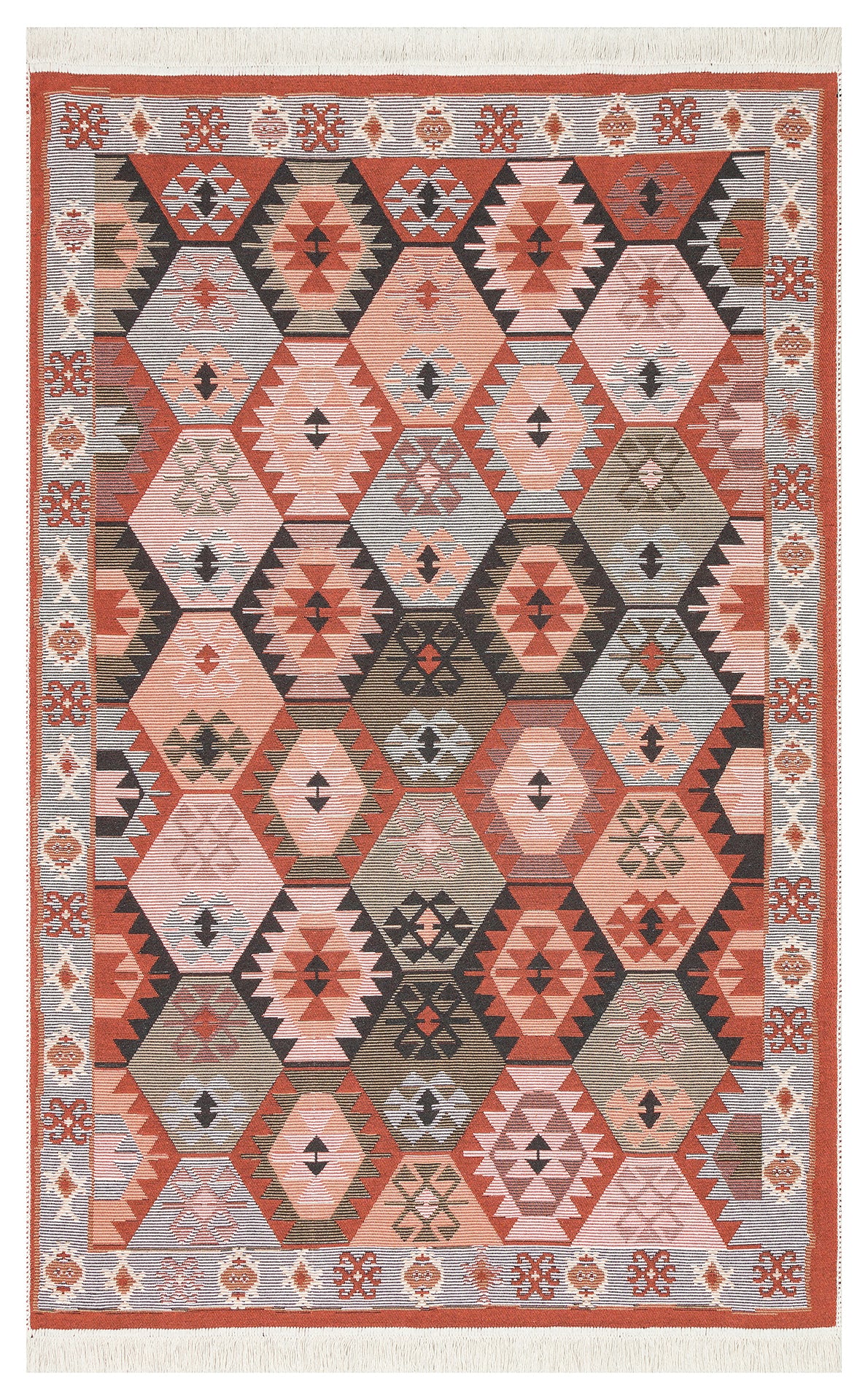 The Woven Spirit - Washable Reversible Kilims - AR42 features a rectangular tribal design with multicolored hexagons and diamonds in red, pink, gray, black, and beige—ideal as a washable rug for high-traffic spaces.