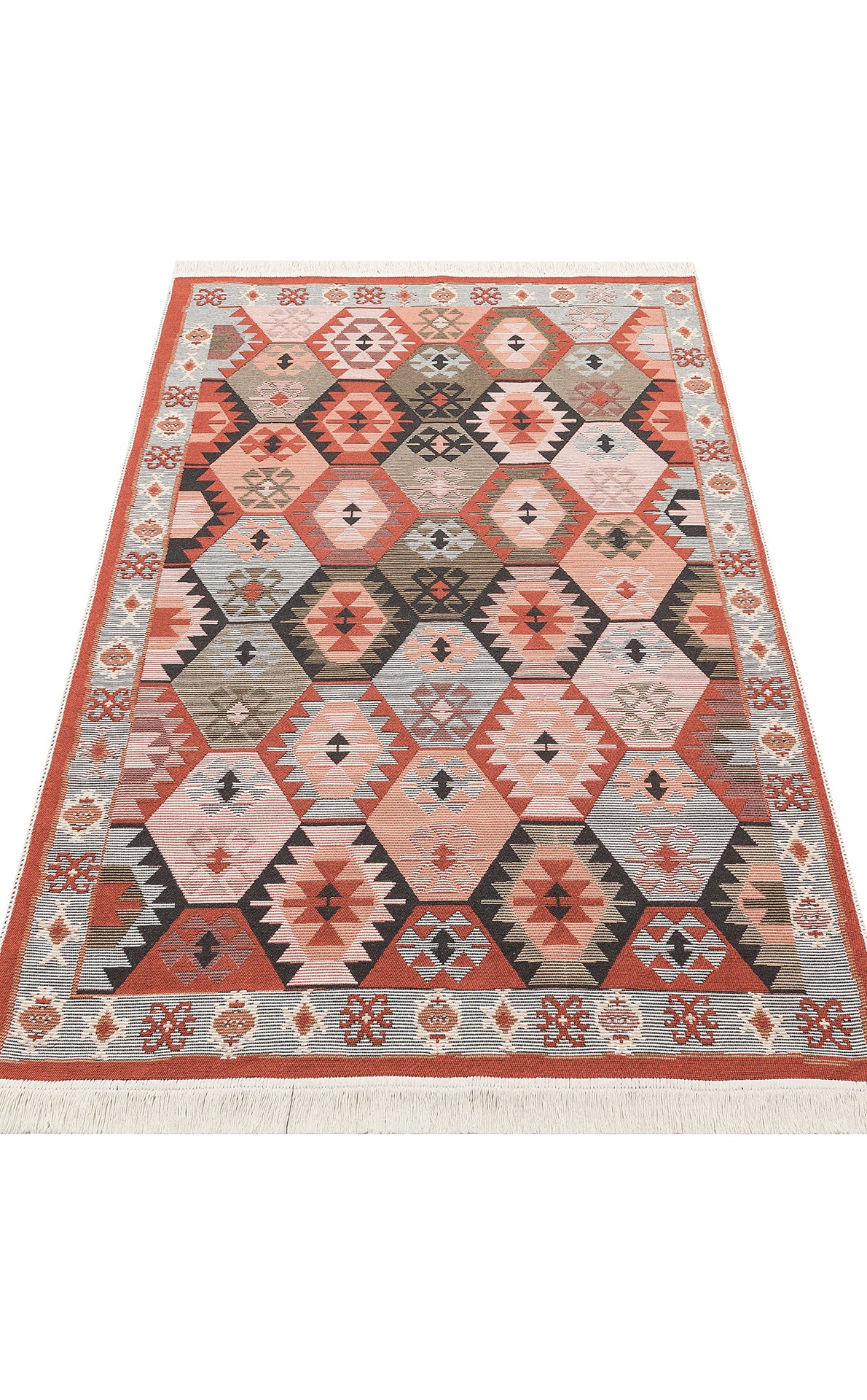 The Woven Spirit - Washable Double-Sided Kilims - AR42 is a rectangular kilim rug with a geometric hexagon pattern in red, orange, gray, and beige. It has a decorative border, fringed edges, and adds both style and versatility to any space.
