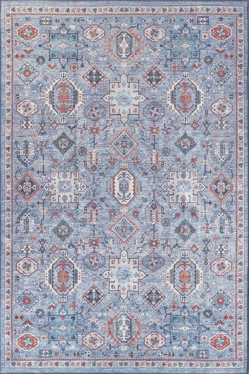 Bild 1 in Galerieansicht laden. The Xanadu Handmade-Design Blue Washable Rug – LCC3013 features an intricate geometric and floral pattern in blue, white, and rust, with a detailed border—ideal for high-traffic areas.