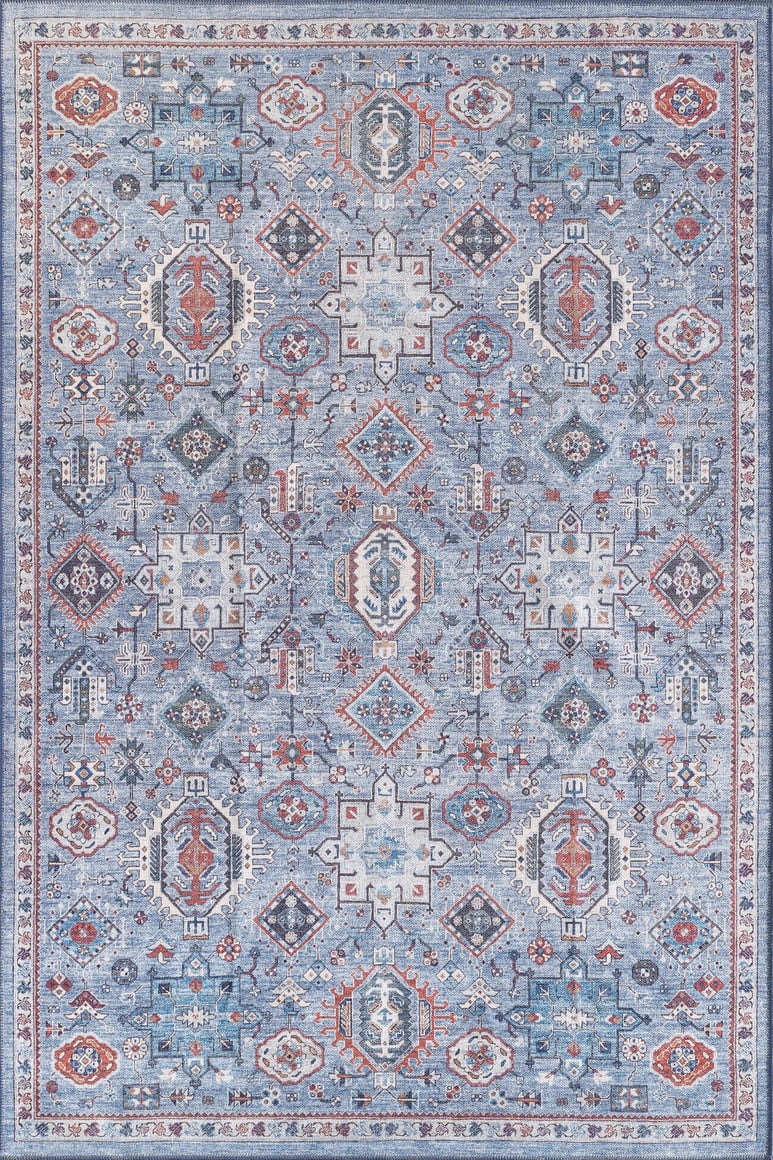 The Xanadu Handmade-Design Blue Washable Rug - LCC3013 features a flat weave with intricate blue and white geometric patterns, red, orange, and brown accents, and a detailed border in a repeating motif. Custom sizing available.