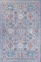 The Xanadu Handmade-Design Blue Washable Rug - LCC3013 features a flat weave with intricate blue and white geometric patterns, red, orange, and brown accents, and a detailed border in a repeating motif. Custom sizing available.