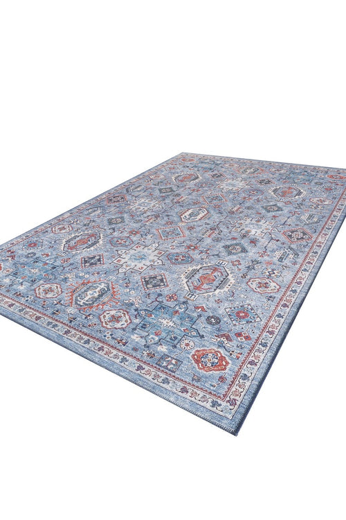Bild 1 in Galerieansicht laden. The Xanadu Handmade-Design Blue Washable Rug - LCC3013 (Custom Size) is a flat weave rectangular rug featuring intricate red, white, and dark blue geometric and floral patterns, displayed on a white background.