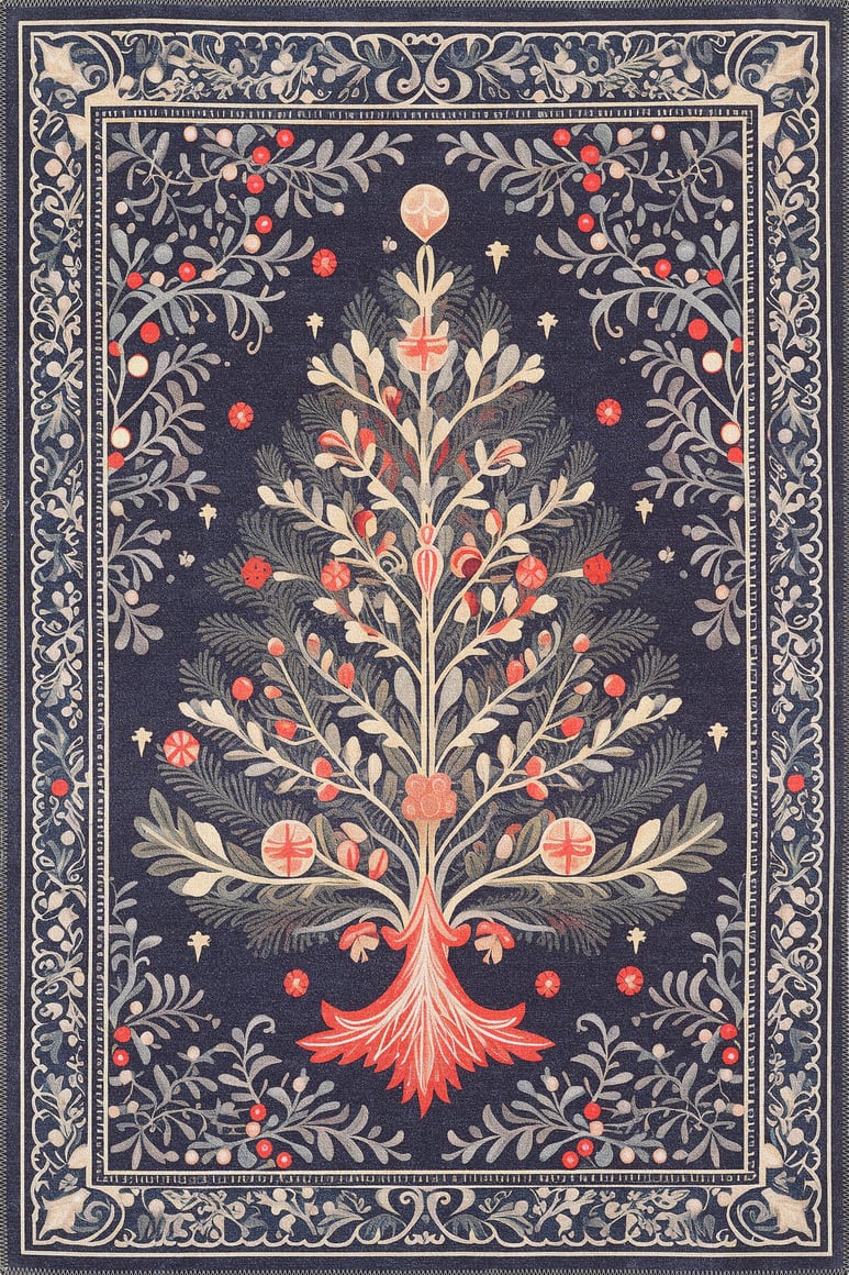 The Xmas Tree Washable Area Rug - MDJ005 features a stylized Christmas tree with red ornaments, white accents, and leafy branches on a dark background, framed by floral vines—ideal for high-traffic areas.