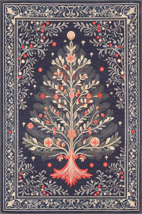 Load image 1 in gallery view. The Xmas Tree Washable Area Rug - MDJ005 features a stylized Christmas tree with red ornaments, white accents, and leafy branches on a dark background, framed by floral vines—ideal for high-traffic areas.