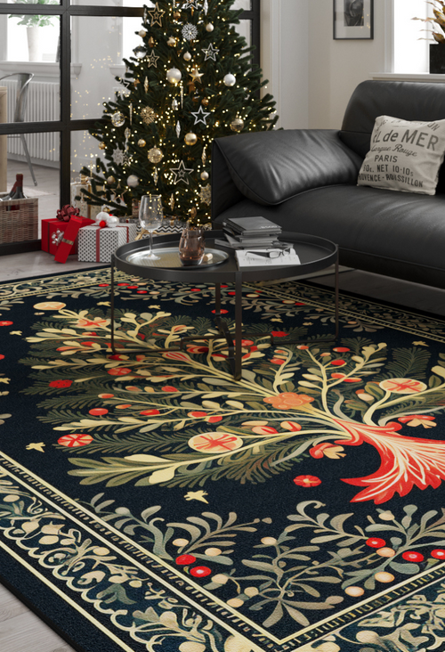 Load image 1 in gallery view. A festive living room with a decorated Christmas tree, black couch, and the Xmas Tree Washable Area Rug - MDJ005 featuring vibrant tree and red fruit designs. Wrapped gifts are placed beside the tree—perfect for high-traffic areas.