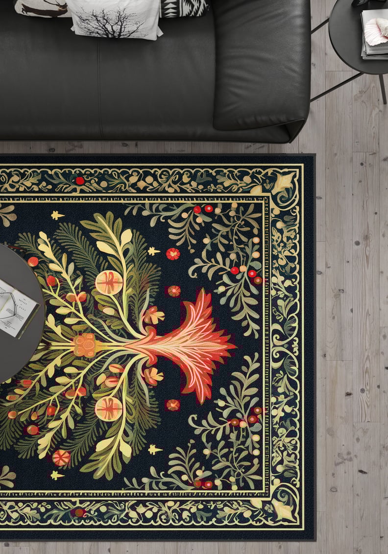 The Xmas Tree Washable Area Rug - MDJ005, featuring gold, green, and red floral patterns, lies on a light wooden floor near a black leather sofa and round coffee table—ideal for high-traffic spaces.