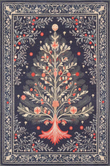 The Xmas Tree Washable Area Rug - MDJ005 (Custom Size) displays a festive Christmas tree with red ornaments, gifts, and leafy branches on a dark blue background with a detailed floral border—ideal for high-traffic areas.