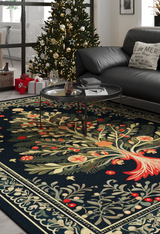 A living room with a decorated Christmas tree, a dark sofa, and the Xmas Tree Washable Area Rug - MDJ005 (Custom Size), featuring a detailed botanical pattern—perfect for high-traffic spaces.