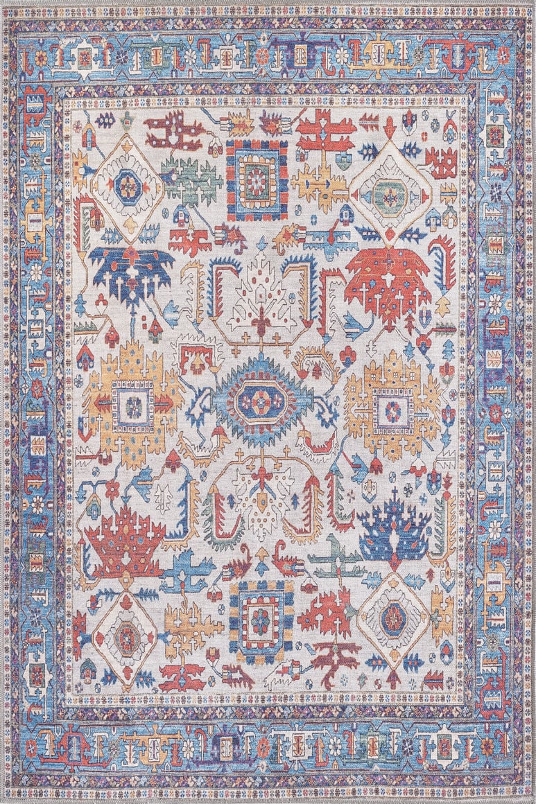 The Yonder Blue Cream Washable Rug - LCC3045 is a square, multicolor rug featuring intricate geometric and floral patterns in red, blue, yellow, and beige. Its wide decorative border and symmetrical design make it perfect for high-traffic areas.