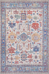 The Yonder Blue Cream Washable Rug - LCC3045 is a square, multicolor rug featuring intricate geometric and floral patterns in red, blue, yellow, and beige. Its wide decorative border and symmetrical design make it perfect for high-traffic areas.
