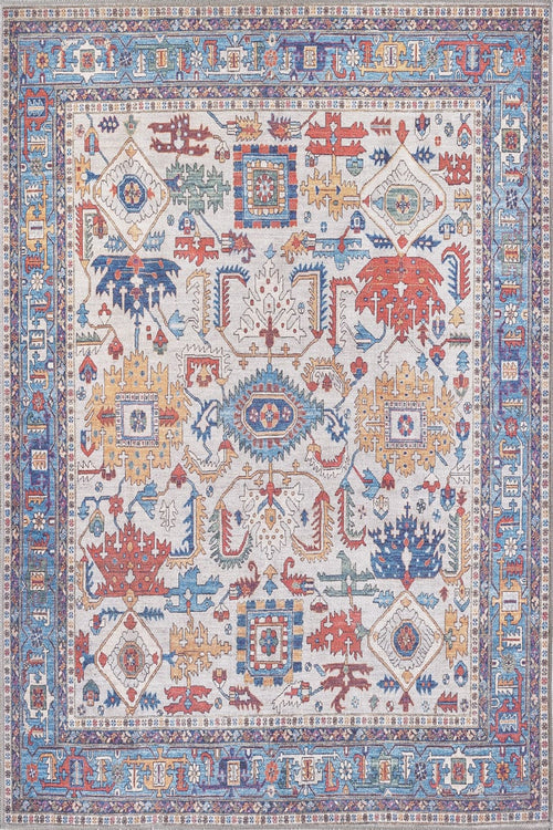Load image 1 in gallery view. The Yonder Blue Cream Washable Rug - LCC3045 is a square, multicolor rug featuring intricate geometric and floral patterns in red, blue, yellow, and beige. Its wide decorative border and symmetrical design make it perfect for high-traffic areas.