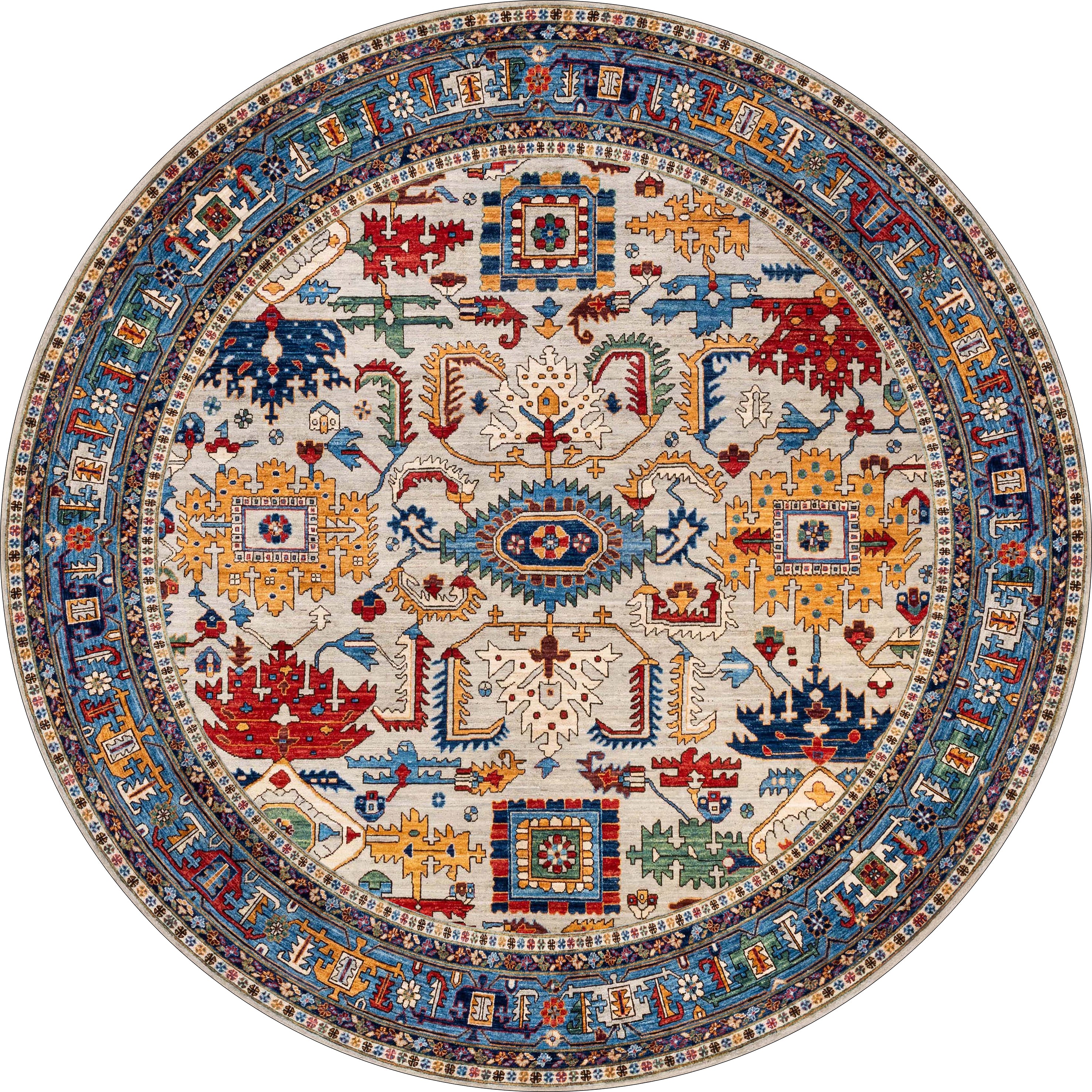 The Yonder Blue Cream Washable Rug (LCC3045) features a round shape with an intricate geometric and floral pattern in red, blue, gold, green, and cream—highlighted by a detailed medallion and decorative border—perfect for high-traffic areas.