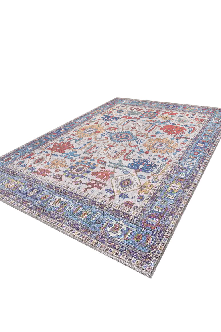 The Yonder Blue Cream Washable Rug (LCC3045) features a large, multicolor floral and geometric pattern in blue, red, orange, and purple with a detailed border—ideal for high-traffic areas. Shown on a white background.