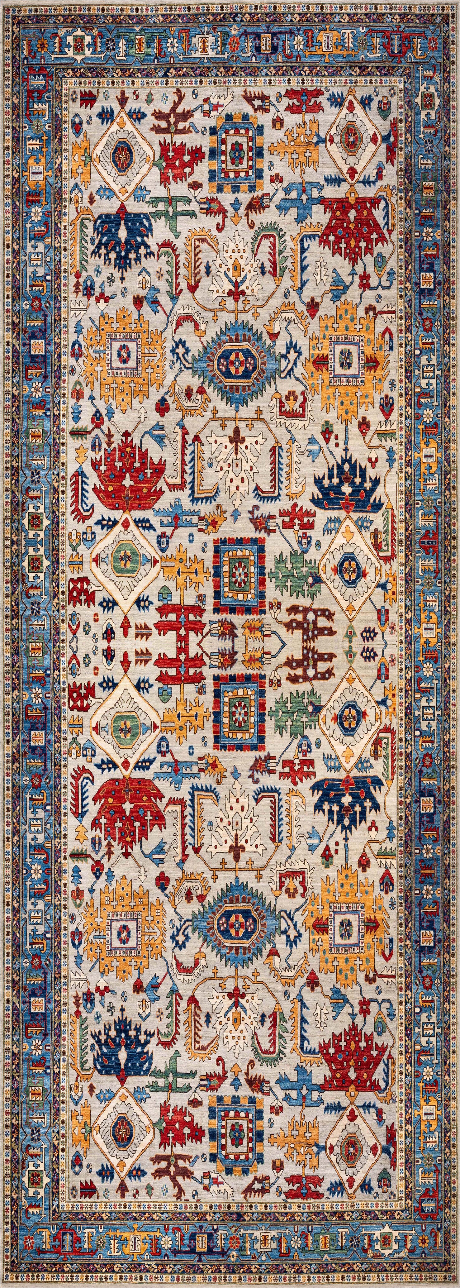 The Yonder Blue Cream Washable Rug - LCC3045 features a vibrant multicolor geometric pattern in red, blue, yellow, and green on a cream background with detailed matching borders—stylish, symmetrical, and perfect for high-traffic areas.