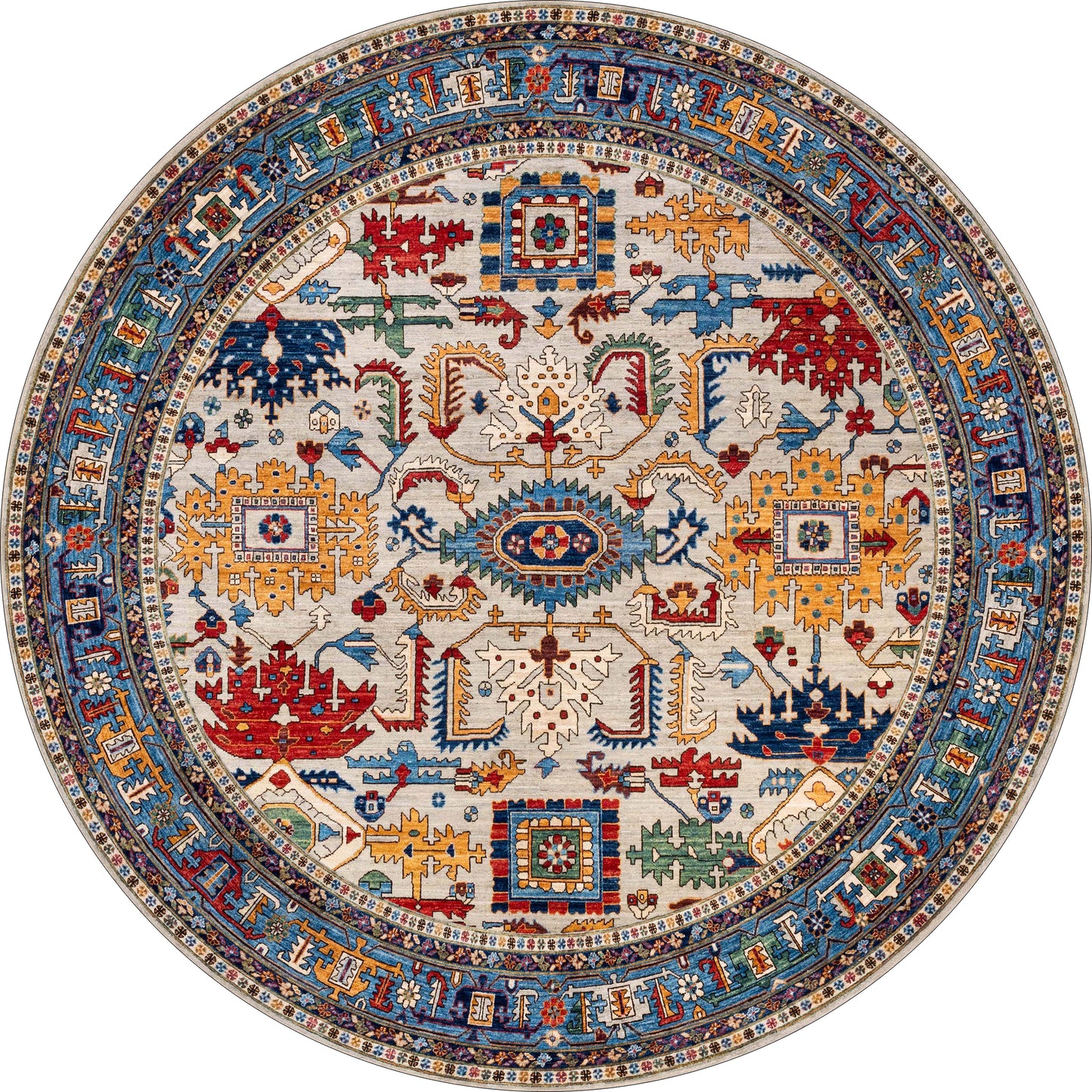 The Yonder Blue Cream Washable Rug - LCC3045 (Custom Size) features multicolor geometric and floral patterns with a detailed border—perfect for high-traffic areas and easy to clean.