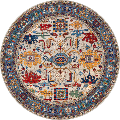 Load image 1 in gallery view. The Yonder Blue Cream Washable Rug - LCC3045 (Custom Size) features multicolor geometric and floral patterns with a detailed border—perfect for high-traffic areas and easy to clean.