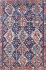The Zephyro Kilim-Design Washable Rug (LCC3008) features a vibrant geometric pattern in blue, red, orange, and cream. Durable for high-traffic areas and safe for allergy-sensitive homes, it combines style with washable convenience.