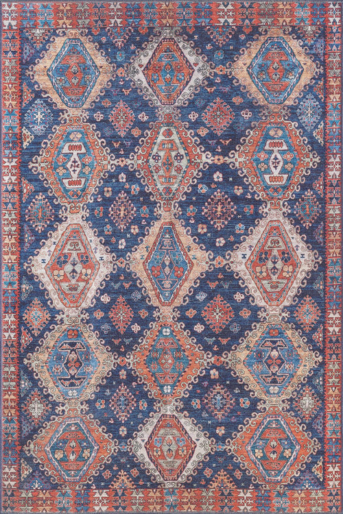 Load image 1 in gallery view. The Zephyro Kilim-Design Washable Rug - LCC3008 (Custom Size) features intricate diamond-shaped medallions in blue, orange, white, and red on a navy background with ornate borders—perfect for high-traffic areas and easy to clean.