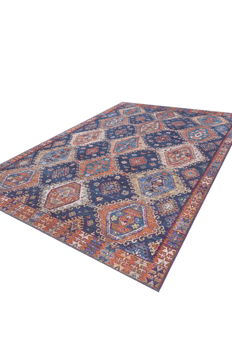 The Zephyro Kilim-Design Washable Rug - LCC3008 (Custom Size) features colorful geometric diamond patterns in blue, red, orange, and cream with detailed borders—ideal for allergy-sensitive or high-traffic areas. Shown angled on a white background.