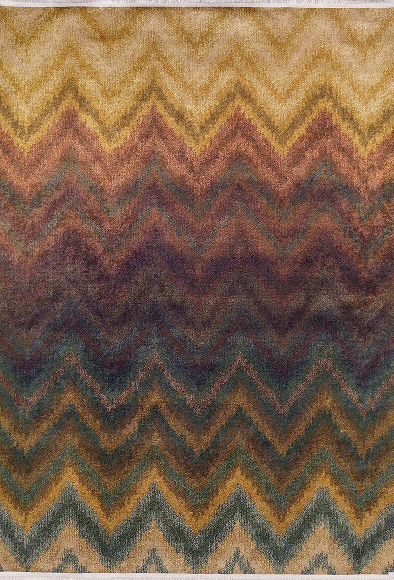 The Zigzag Runway - Washable Rug - JR388 (Custom Size) features a multicolor chevron pattern in earthy gold, brown, burgundy, green, and purple tones—stylish and practical for high-traffic spaces.
