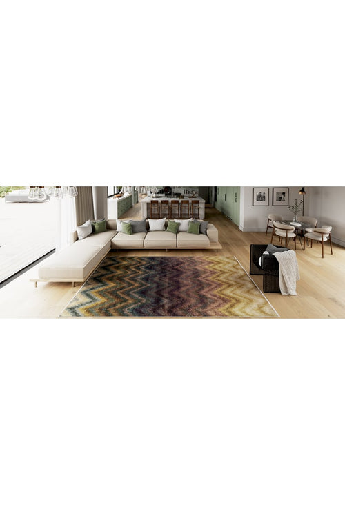 Load image 1 in gallery view. Spacious modern living room with a large sectional sofa, custom-size Zigzag Runway - Washable Rug - JR388 ideal for high-traffic areas, wooden floors, dining area in the background, and floor-to-ceiling windows letting in natural light.