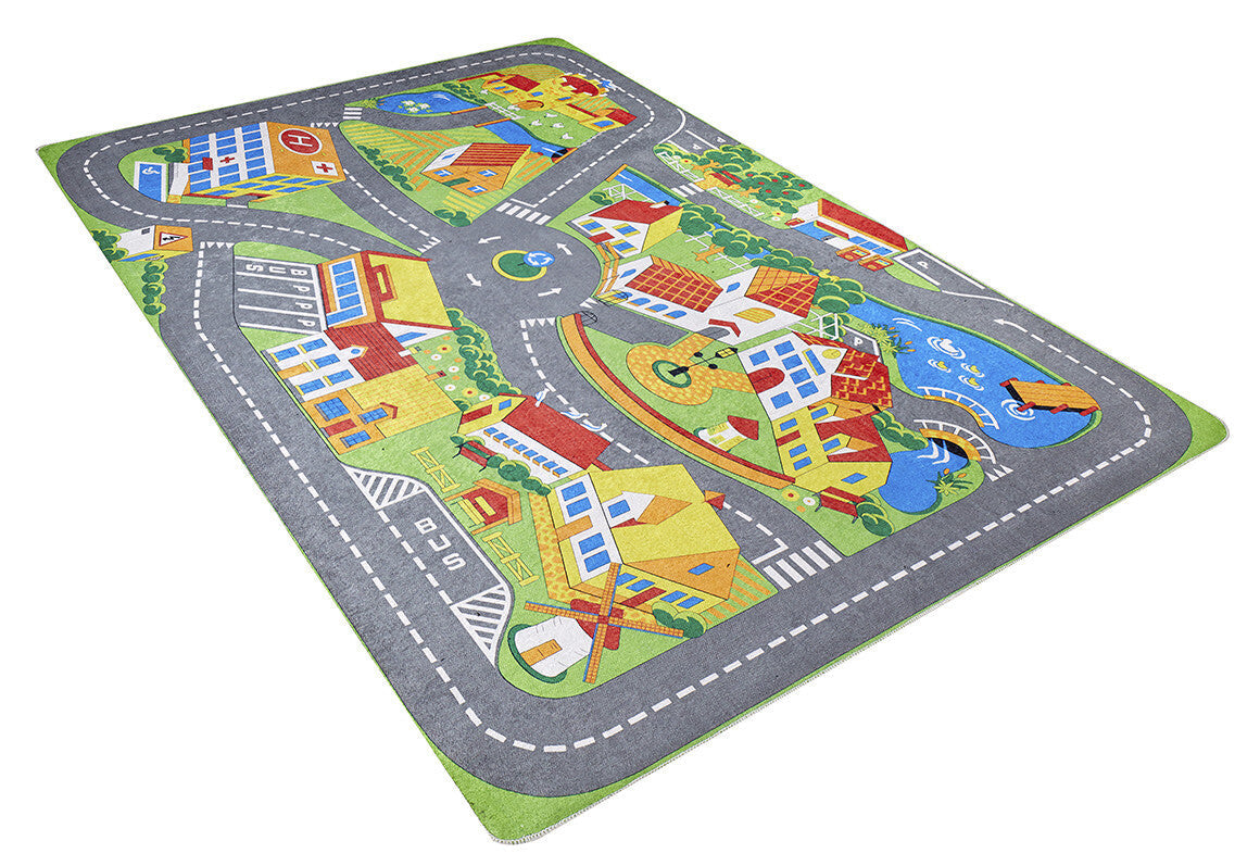 The Zooming Metropolis - Machine-Washable Rug JRC012 (Custom Size) features roads, buildings, a roundabout, playground, pond with boat, and vehicles—ideal for imaginative play with toy cars in busy playrooms or high-traffic areas.