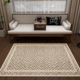 Decorative rug with geometric pattern in a room with a wooden bench and cushions.