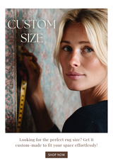 Woman measuring a rug with text about custom rug sizes and a 'Shop Now' button.