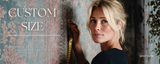 Woman standing in front of a textured wall with 'Custom Size' text overlay.