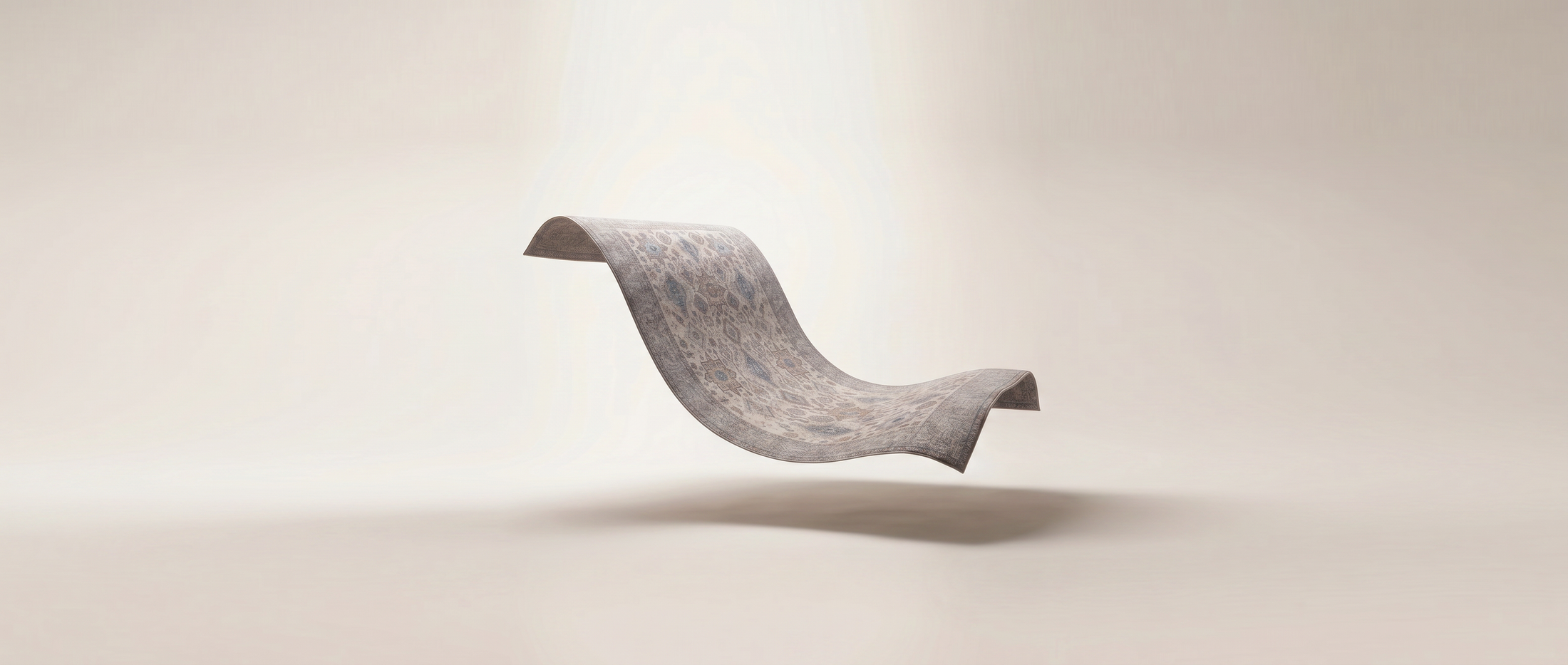 A floating, wavy rug suspended in the center against a soft beige studio background with a faint shadow below.