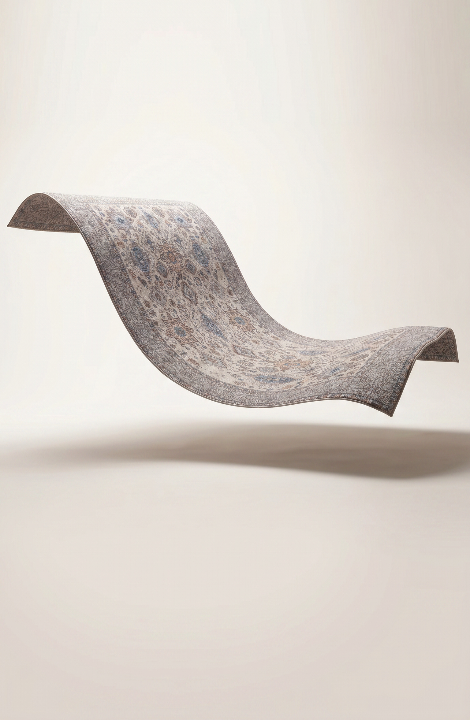 A floating, wavy rug suspended in the center against a soft beige studio background with a faint shadow below.