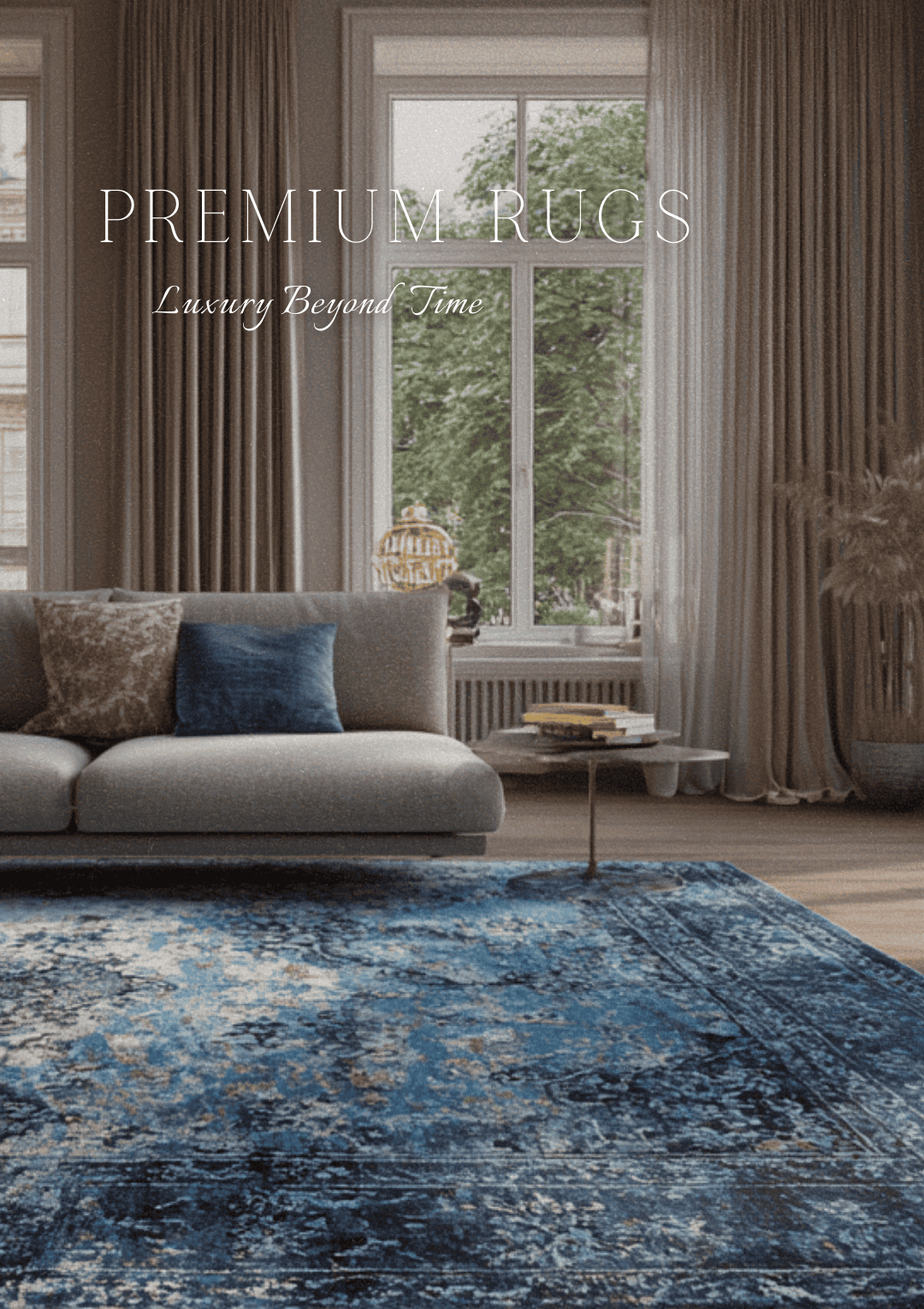 Premium rugs text overlay on a room setting.
