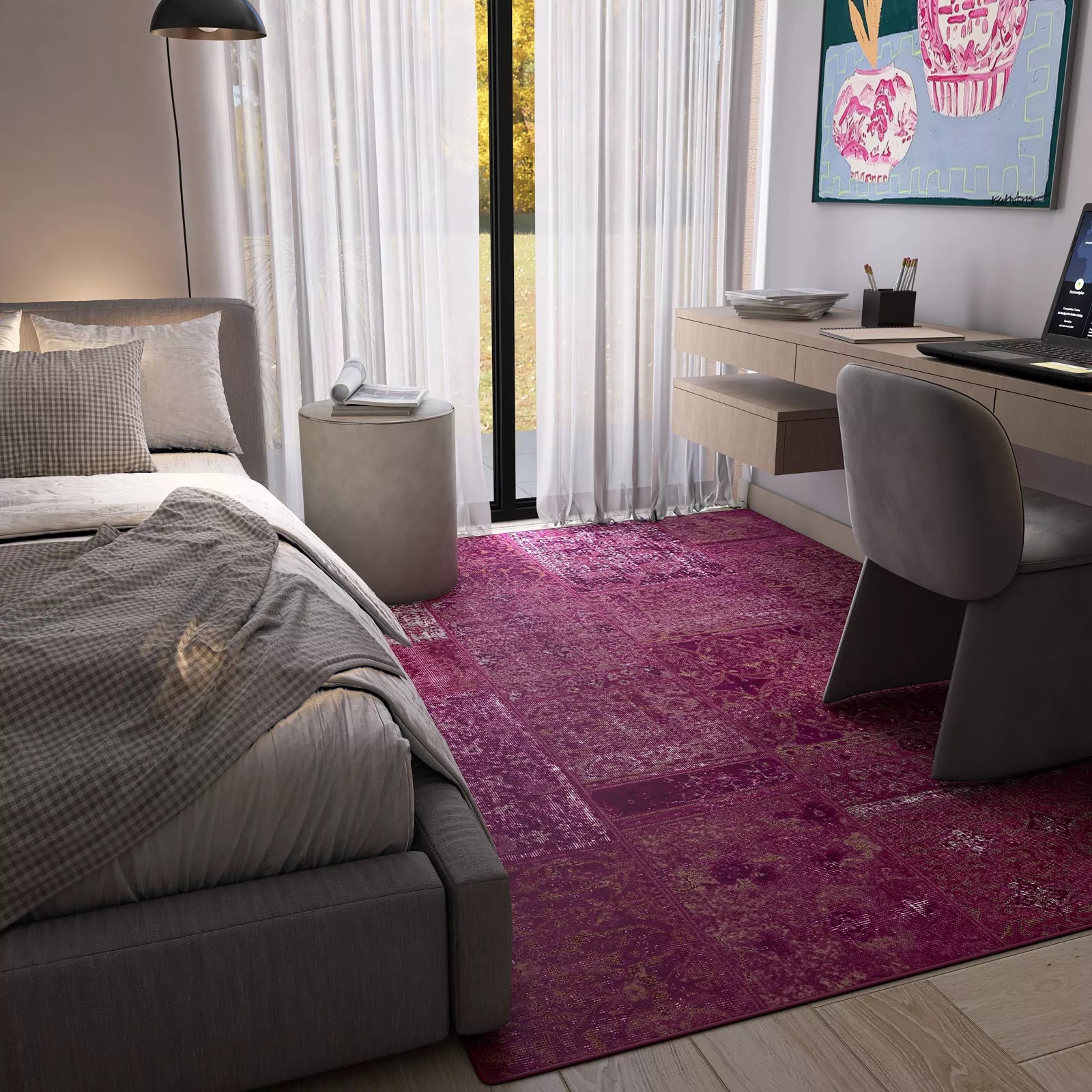 Modern bedroom with a purple rug, bed, desk, and chair.