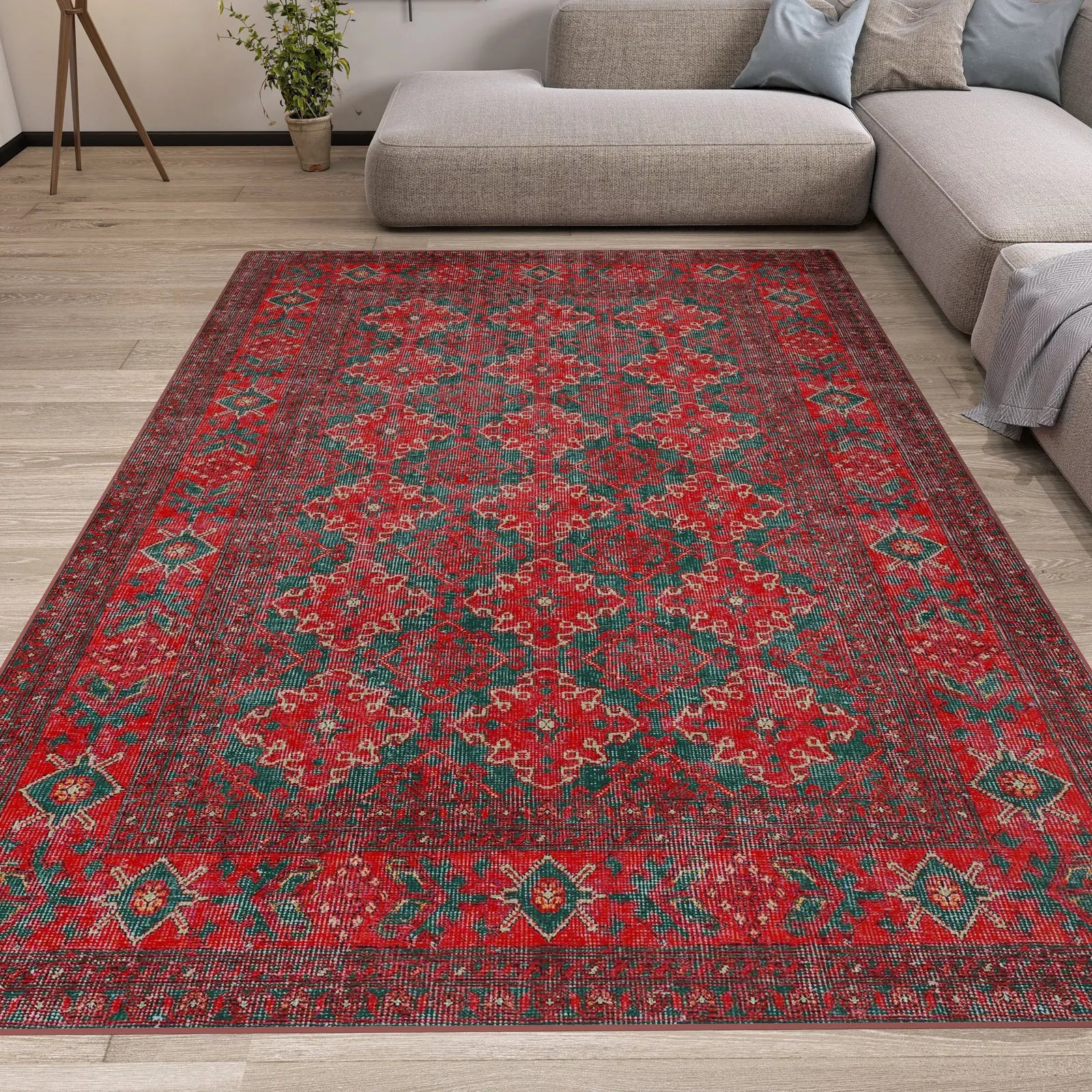 Red and green patterned rug on a wooden floor in a living room setting.