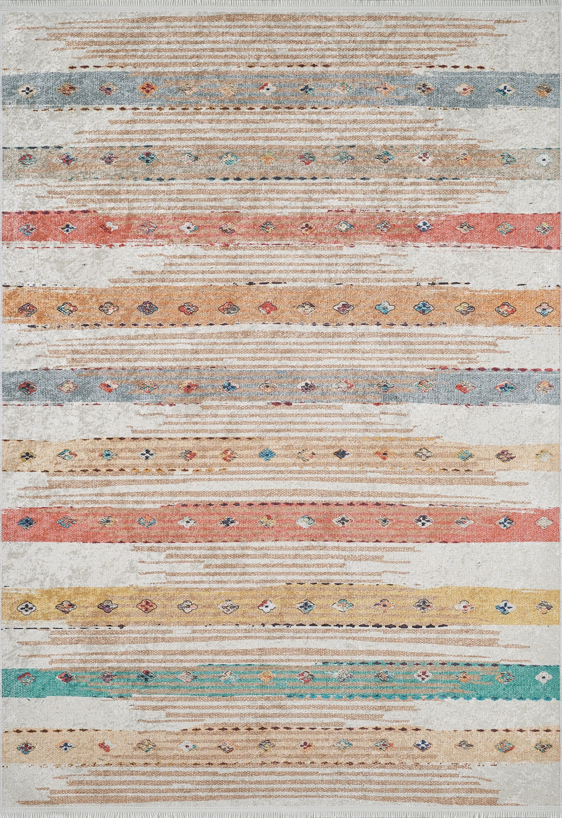 The Nomad's Nostalgia - Washable Rug - JR1669 (Custom Size) features horizontal stripes in muted blue, beige, red, yellow, and green with diamond motifs and a distressed vintage look. Its washable design is ideal for high-traffic areas.
