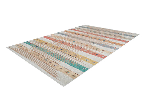 Load image 1 in gallery view. The Nomad's Nostalgia - Washable Rug - JR1669 (Custom Size) features multicolor stripes in muted beige, orange, teal, and yellow with geometric motifs. It's ideal for high-traffic areas and displayed against a white background.