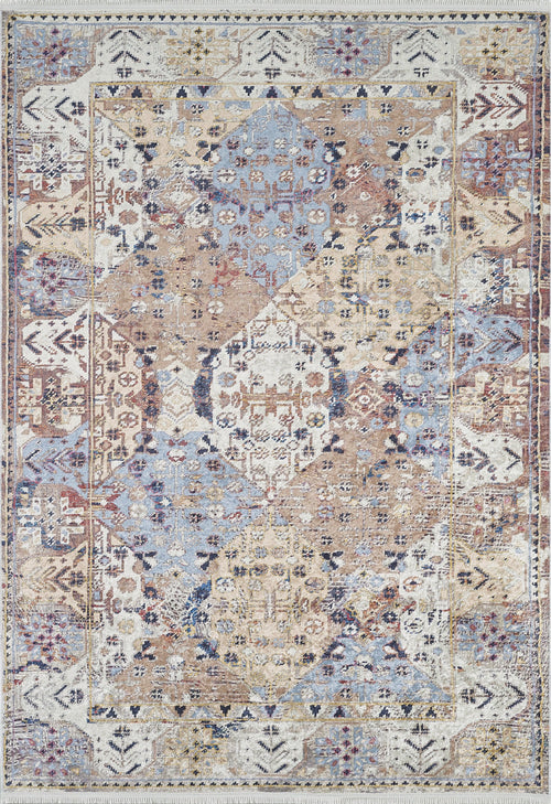 Load image 1 in gallery view. The Native Nature's Washable Rug - JR1666 (Custom Size) showcases intricate geometric patterns in muted blue, beige, brown, and cream. Its vintage distressed look with symmetrical borders is perfect for high-traffic areas and easy to clean.