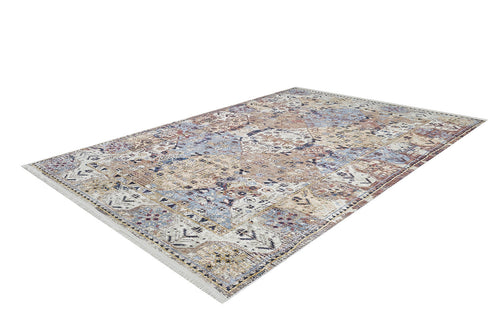 Load image 1 in gallery view. The Native Nature's Washable Rug - JR1666 (Custom Size) features an intricate vintage-inspired beige, blue, and brown design with geometric and floral motifs, short white fringe on the ends, and is perfect for high-traffic areas.