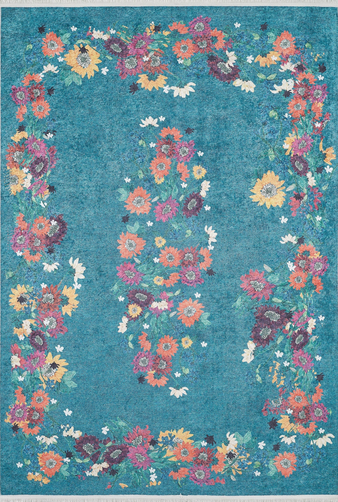 Nature's Tapestry - Washable Rug - JR1674 (Custom Size) features a turquoise base with clustered orange, pink, yellow, and purple floral patterns and a loose rectangular frame—ideal for high-traffic areas.