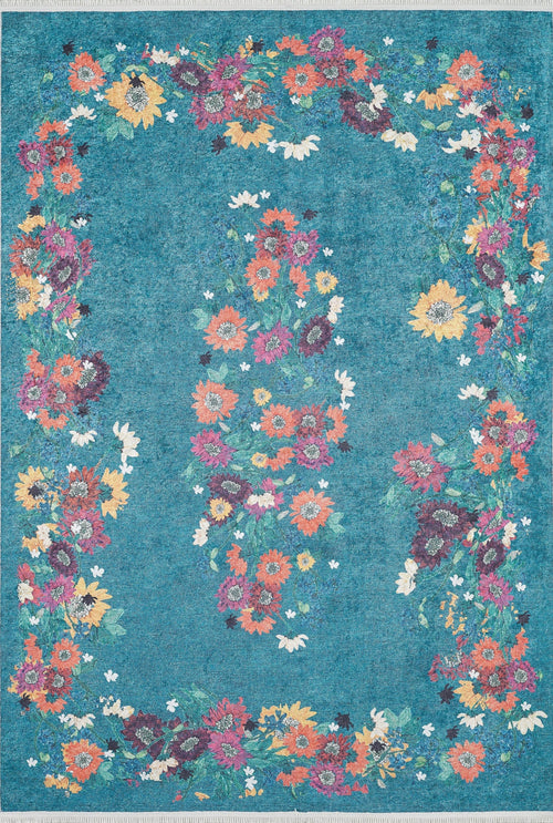 Load image 1 in gallery view. Nature's Tapestry - Washable Rug - JR1674 (Custom Size) features a turquoise base with clustered orange, pink, yellow, and purple floral patterns and a loose rectangular frame—ideal for high-traffic areas.