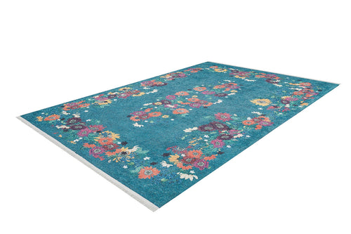 Load image 1 in gallery view. The Nature's Tapestry - Washable Rug - JR1674 (Custom Size) features charming blue floral designs, making it ideal for brightening up high-traffic areas in your home.