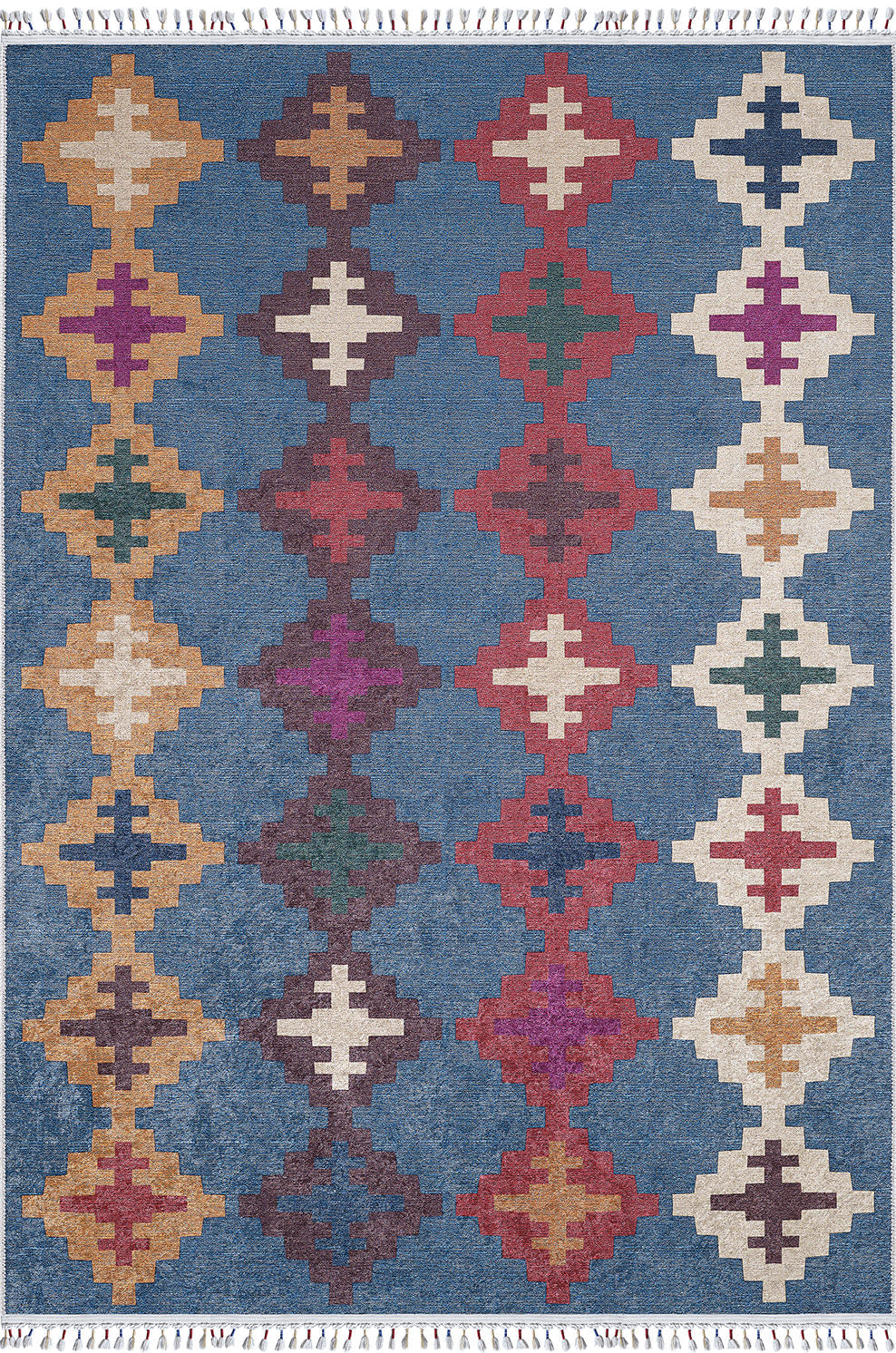 Nomad's Mirage - Washable Rug - JR5032 (Custom Size) features a blue geometric diamond pattern in vibrant colors with short white fringes. It's ideal for high-traffic, allergy-sensitive homes, blending style and practicality.