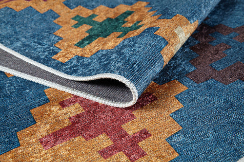 Load image 1 in gallery view. A close-up of the Nomad's Mirage - Washable Rug - JR5032 (Custom Size), featuring colorful geometric patterns, detailed stitching, and a washable design—ideal for allergy-sensitive homes and high-traffic areas.