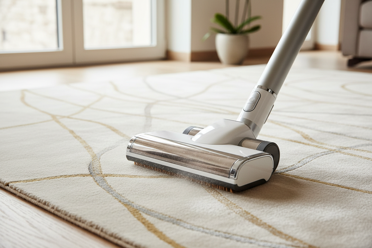 Cream rug with thin, intersecting gold and grey abstract lines being cleaned by a vacuum in a bright room.