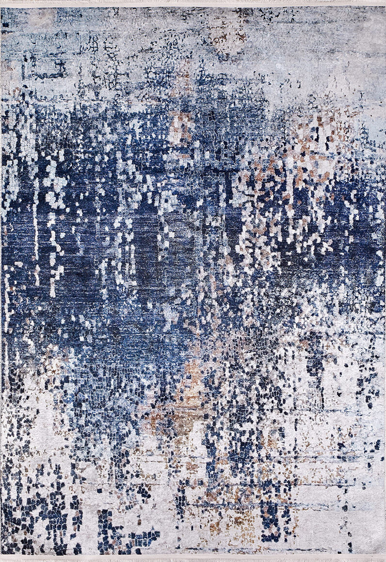 The Abstract Atmosphere - Washable Rug - JR834 features a textured, pixelated distressed pattern in blue, gray, and white with subtle beige accents. This flat weave rug is washable for easy care.